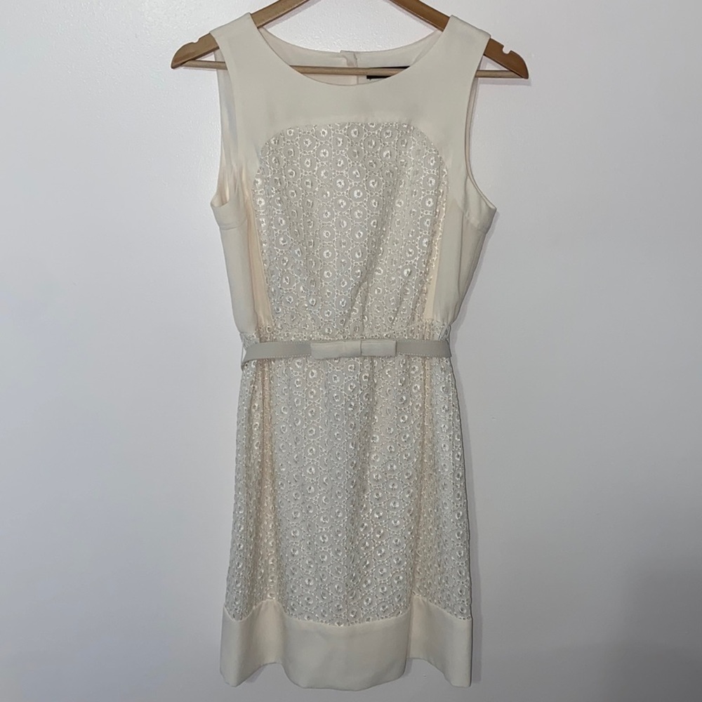 BCBG Paris Cream Lace Sheath Dress with Belt